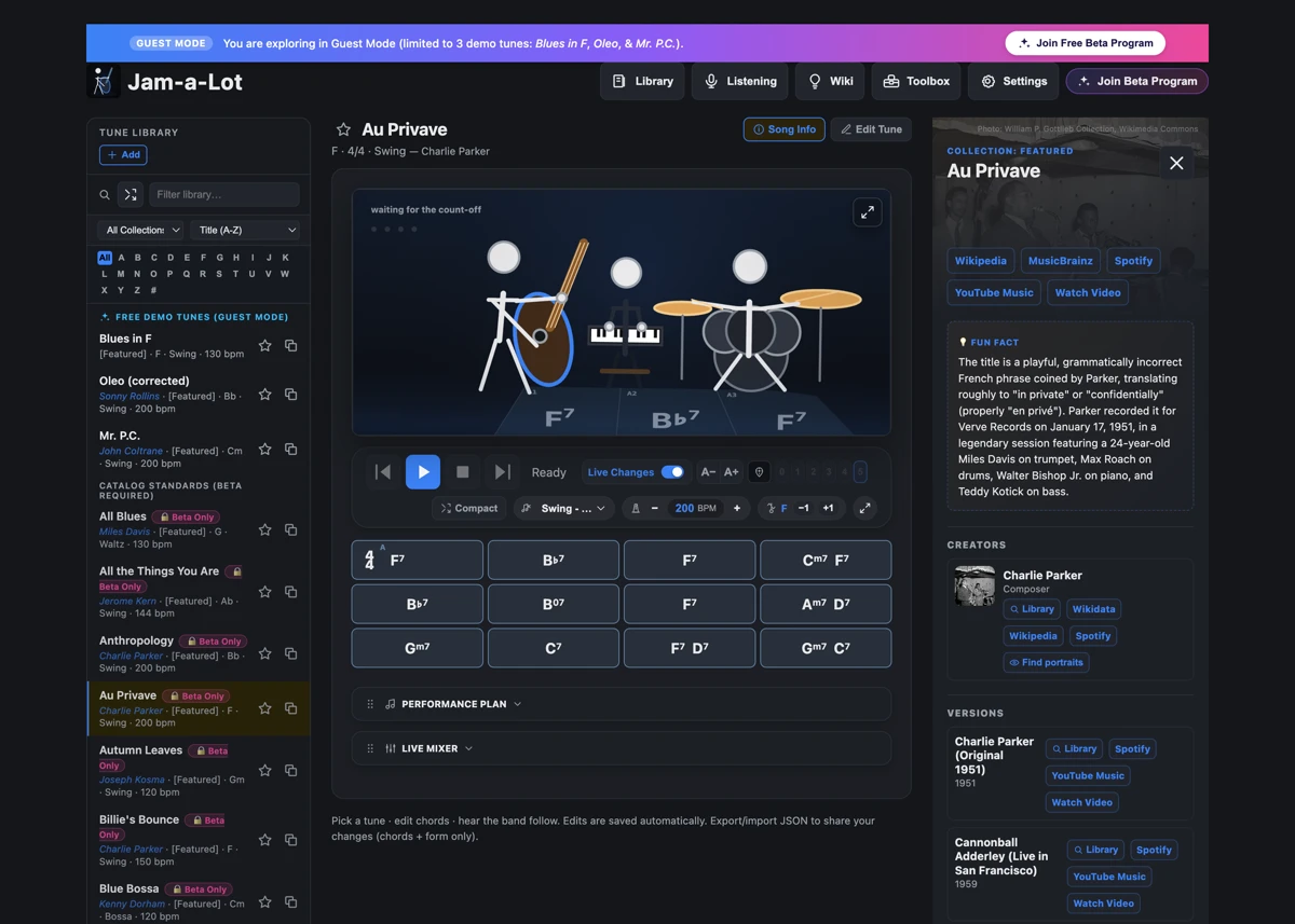 Jam-a-Lot's full-screen performance view: a large, uncluttered chord chart with the current bar boxed and the transport at the bottom.